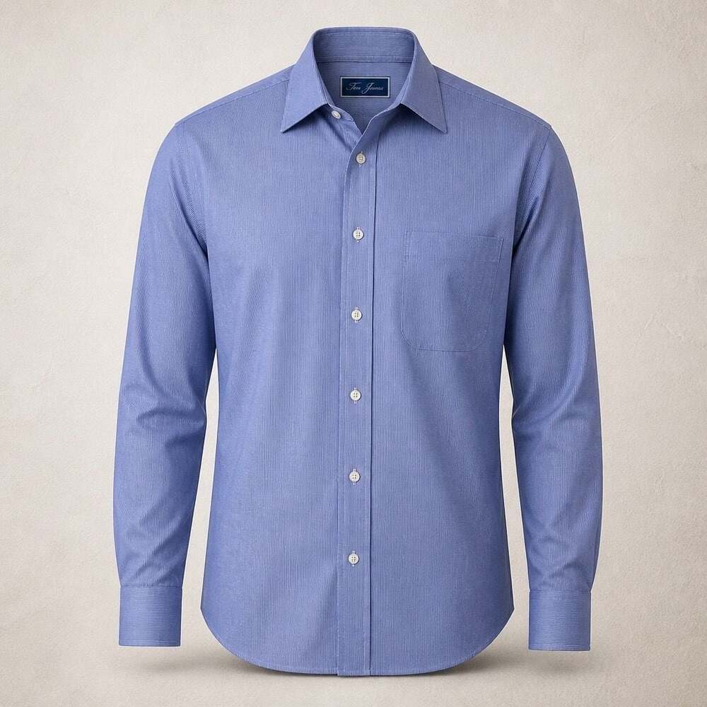 Tom James Men's Blue Fine Pinstripe Long Sleeve Dress Shirt